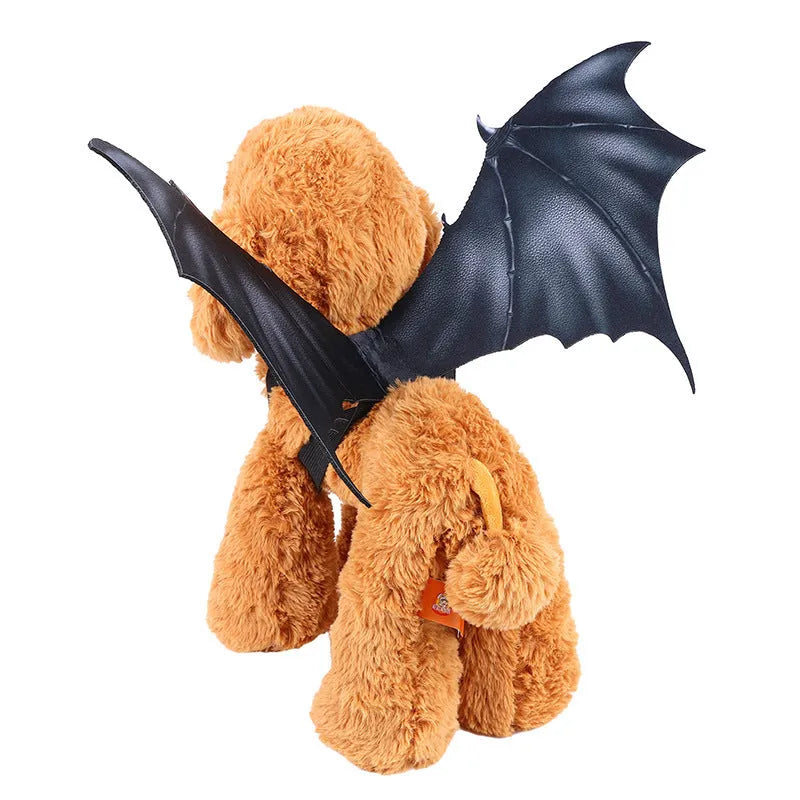 Black cloth bat wings for pet Halloween costume with adjustable straps, shown in three sizes: 40cm, 55cm, and 64cm wingspan