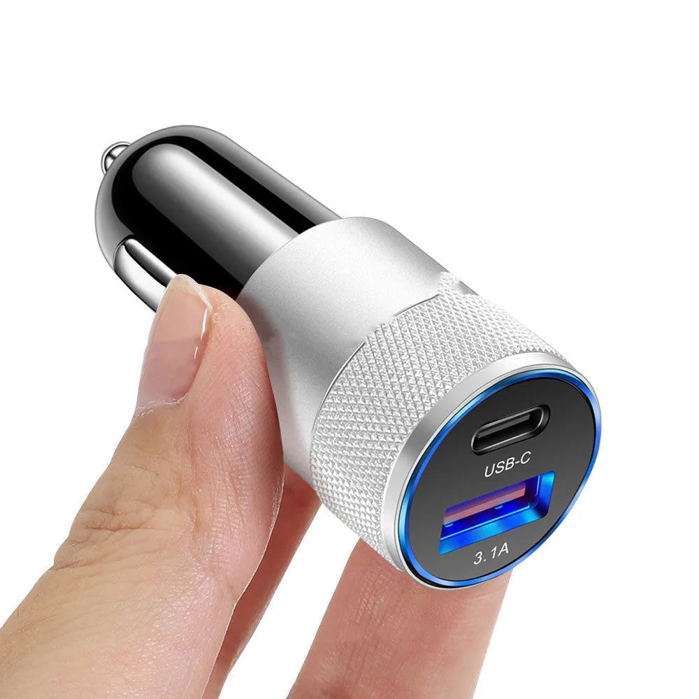 Aluminium alloy mobile phone car charger with USB socket measuring 2.5 by 6cm