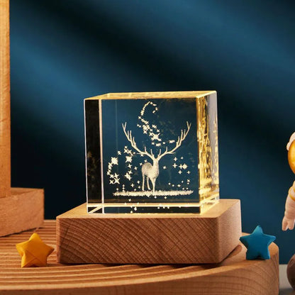 3D crystal cube night lamp showing transparent glass with internal engraving and warm light illumination