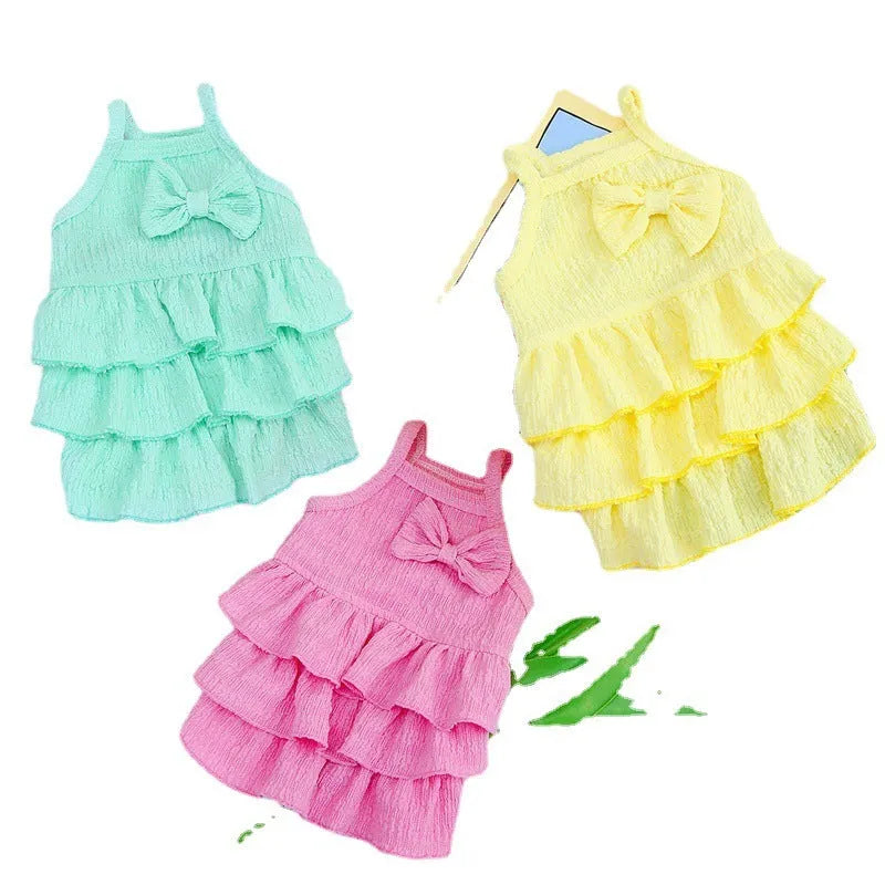 Small dog wearing polyester princess dress with layered skirt in rose red colour