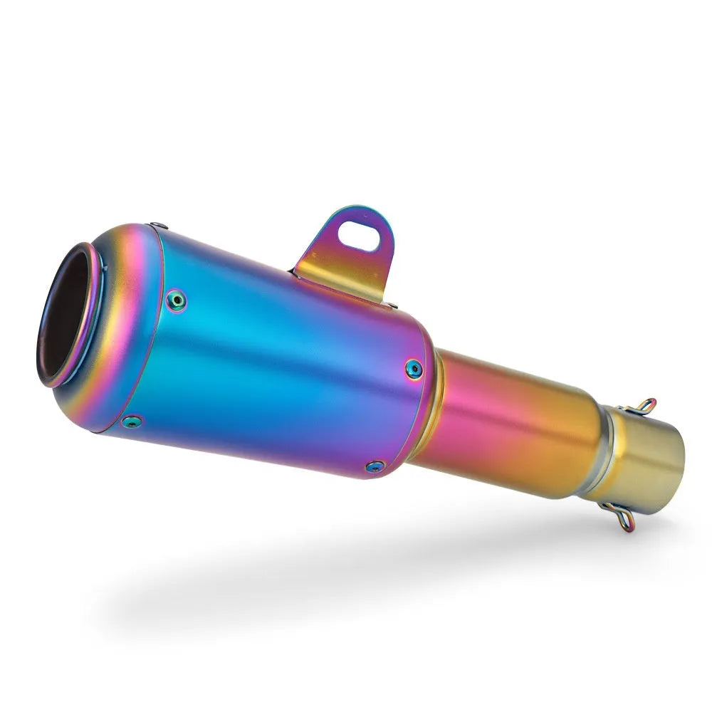 Universal stainless steel motorcycle exhaust pipe with decorative flower cover in black, titanium, half blue, or colourful finish
