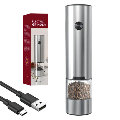 Stainless steel electric pepper grinder with button operation and Type-C charging port