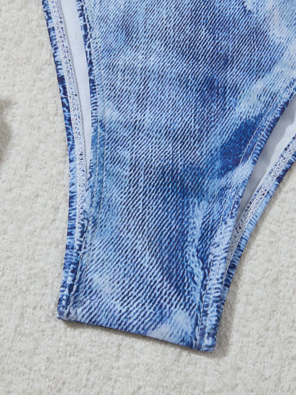 Women's denim blue printed bikini suit with adjustable straps, sizes S M L XL, nylon spandex fabric