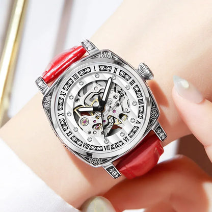 Mechanical watch with luminous hands on leather belt, stainless steel case, showing black colour option