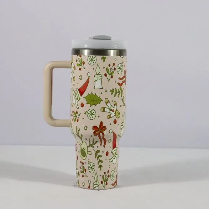 Stainless steel travel tumbler with handle, 1200ml capacity, Christmas pattern design, car cup holder compatible