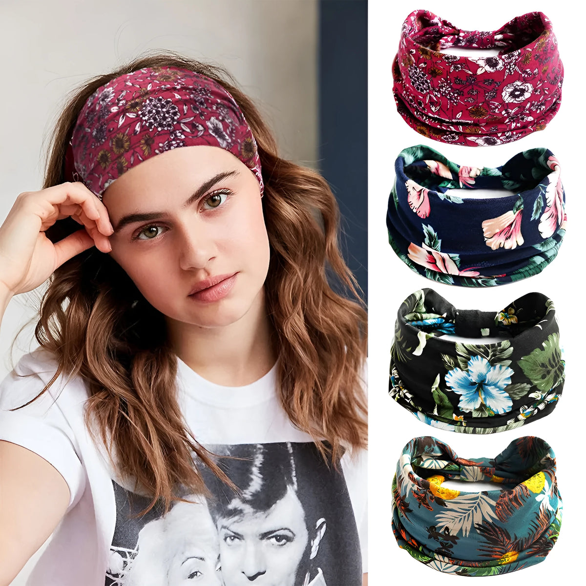 Bohemian cloth yoga sports headband with floral and polka dot patterns, available in multiple colours.