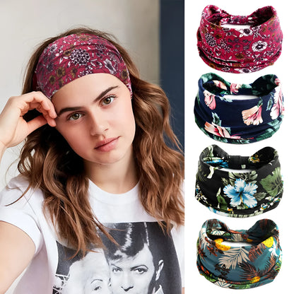 Bohemian cloth yoga sports headband with floral and polka dot patterns, available in multiple colours.