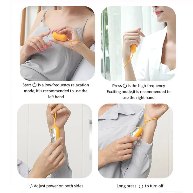 Hand-held micro-current sleep aid device in grey, green, and orange colour options