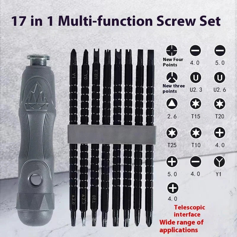 17-in-1 Magnetic Screwdriver Set with chrome vanadium steel bits and ergonomic handle
