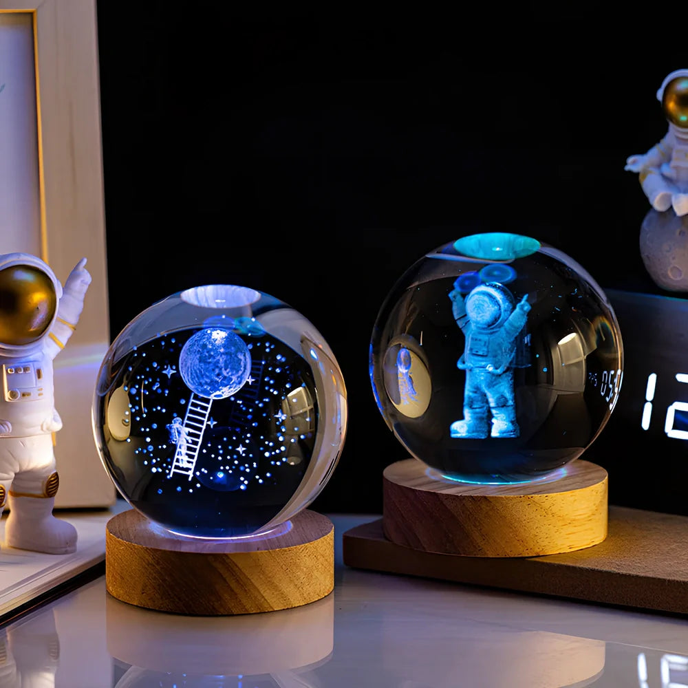 6cm crystal ball night light with Milky Way design on colourful base, USB cable connected