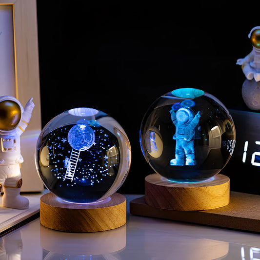 6cm crystal ball night light with Milky Way design on colourful base, USB cable connected