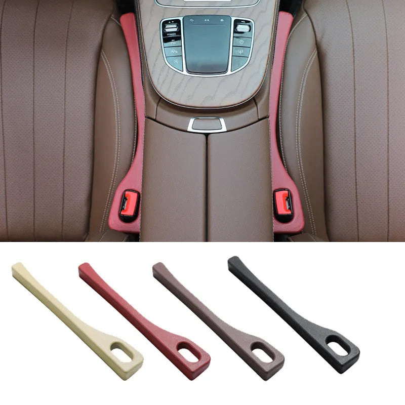 Car seat gap strips for preventing items from falling into the gap between car seat and centre console, polyurethane seam filler strips in black, brown, red or beige, automotive interior accessory.