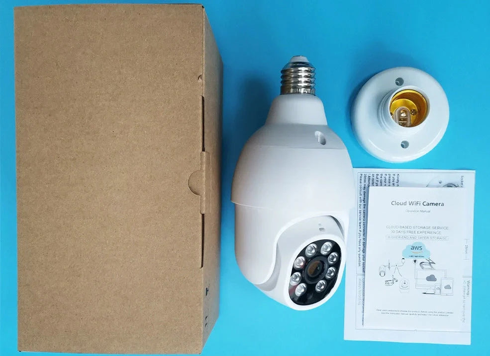 White wireless WIFI security camera with pan-tilt base showing 1080P HD resolution and 0.1 lux low-light capability