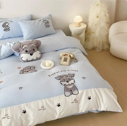 Cartoon Schnauzer embroidered design on a thickened cotton quilt cover and pillowcase from a bedding set.