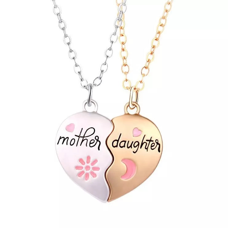 Mother Daughter Matching Heart Necklace Set with Magnetic Pendant and Adjustable Chain