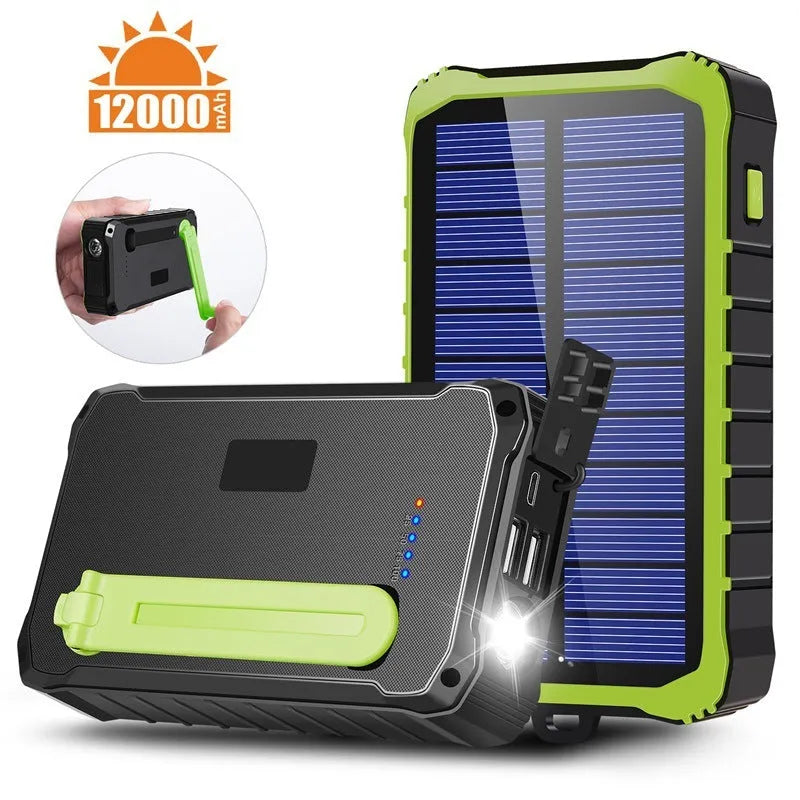 Orange and green hand solar power bank with solar panel, USB ports, and LED light showing 12000mAh capacity