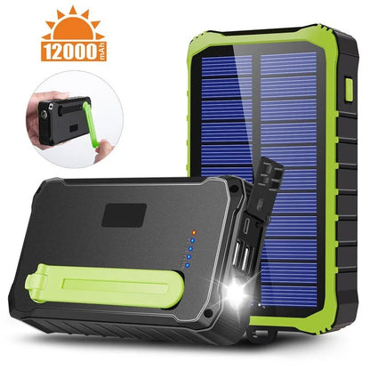 Orange and green hand solar power bank with solar panel, USB ports, and LED light showing 12000mAh capacity