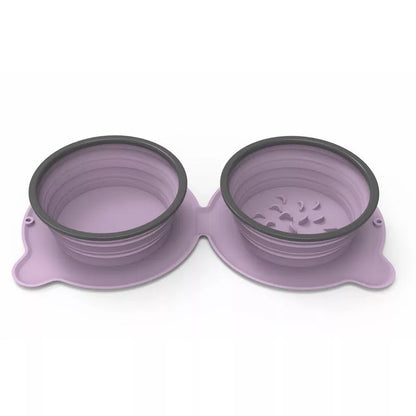 Foldable silicone double pet bowl with non-slip base in various colors