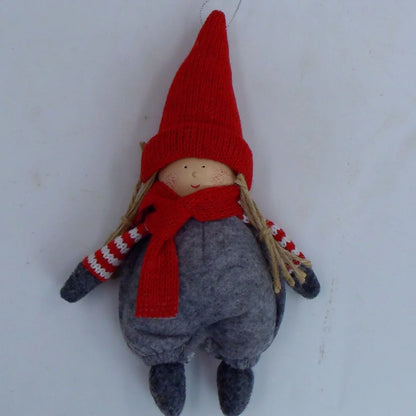 Christmas Easter fabric plush doll in dark brown with green clothing and red hat showing two size options