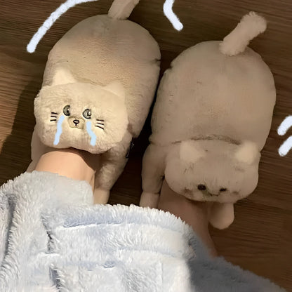 Cotton cat slippers with non-slip sole and animal pattern in blue, white, or beige