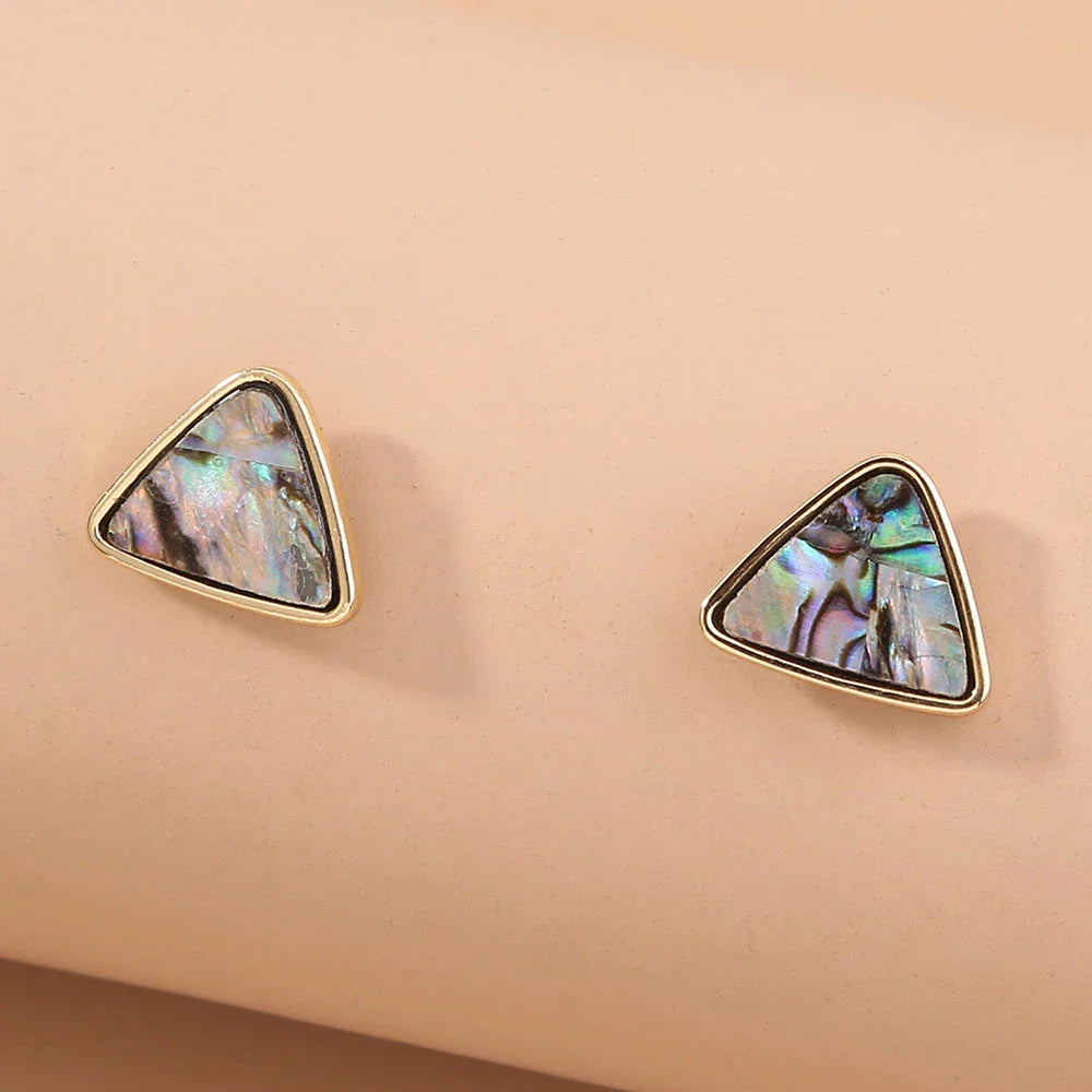 Elegant triangular earrings featuring a striking natural abalone shell inlay that shimmers with a captivating array of colors