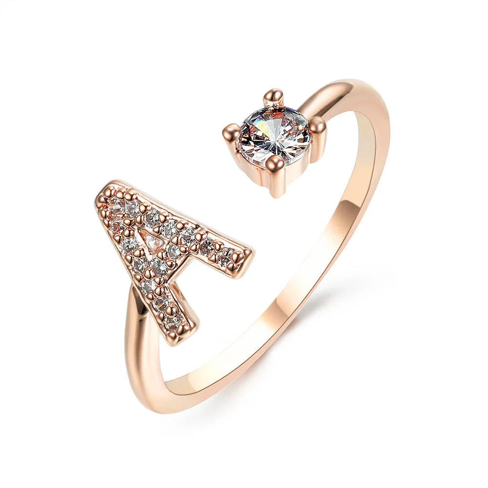 Personalized Initial Letter Adjustable Ring made of copper alloy and zircon, showcasing a vintage-inspired design