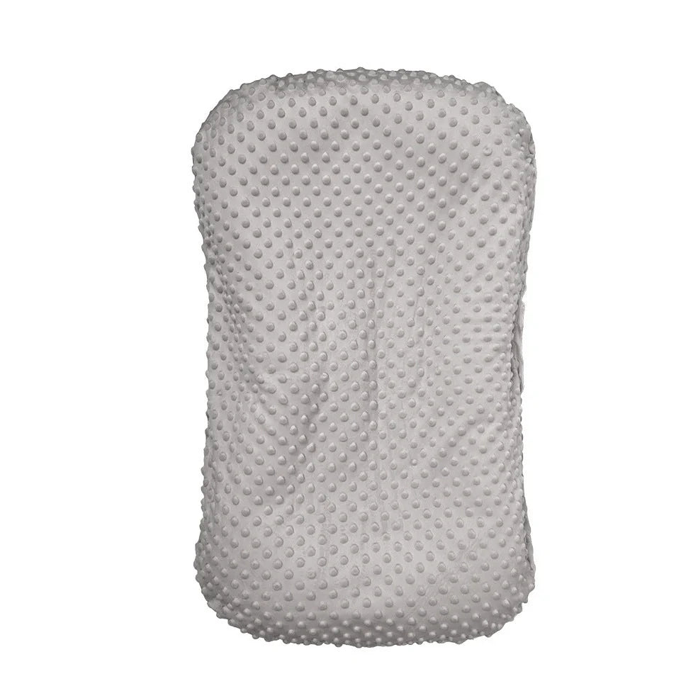 Portable crib with interchangeable fabric cover showing 75x45cm dimensions and multiple colour options