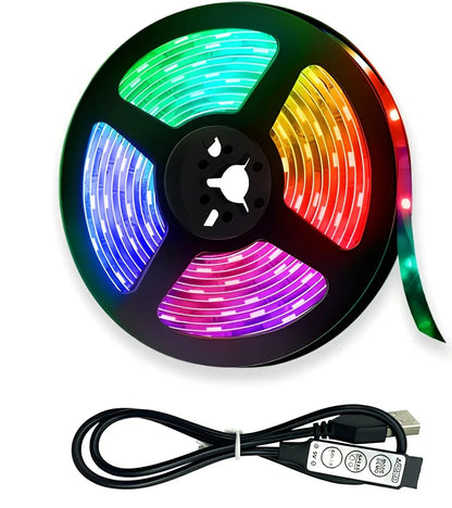 Flexible RGB LED strip lights with Bluetooth control showing colour changing effects on TV backlighting installation