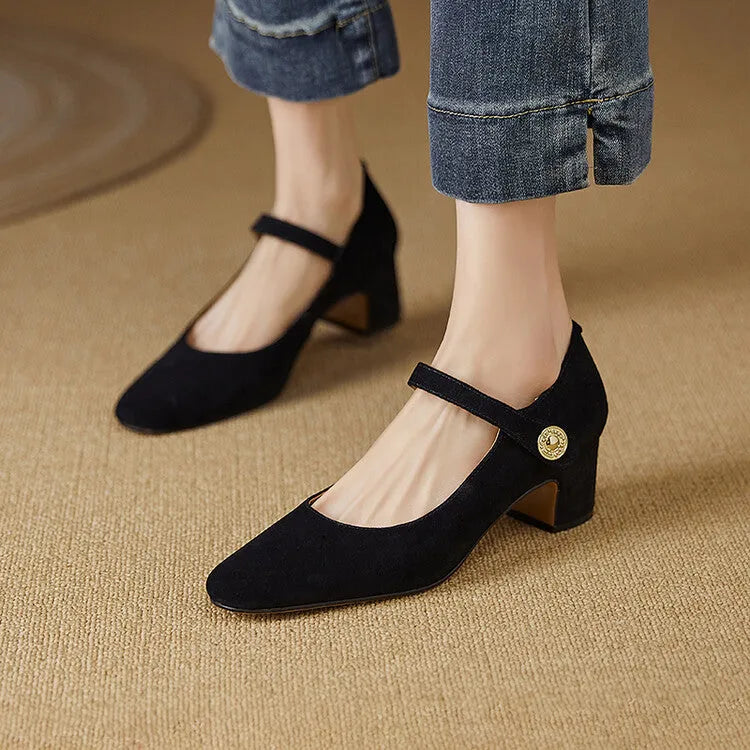 Women's black suede Mary Jane shoes with chunky heels and square toe design