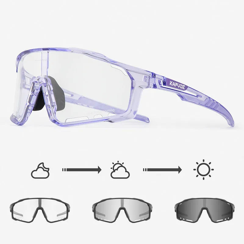 Photochromic cycling sports goggles with a semi-rimless TR90 frame and adaptive tint lens.