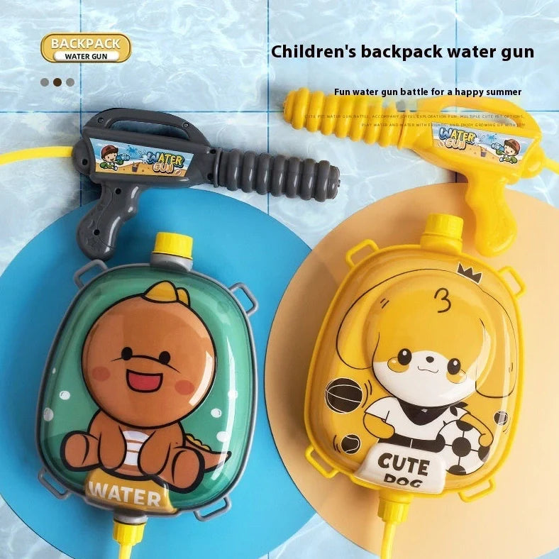 Children's backpack water gun with 1500ml capacity showing dinosaur character design and adjustable shoulder straps
