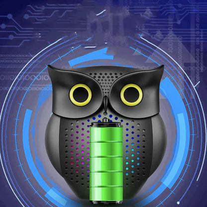 Black cartoon owl design wireless Bluetooth speaker on a surface.