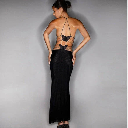 Chic floral halter dress with butterfly-inspired back, available in various vibrant colors and sizes