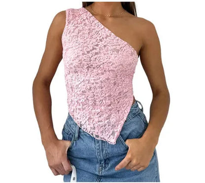 Women's apricot lace backless sleeveless top with asymmetrical neckline on a mannequin