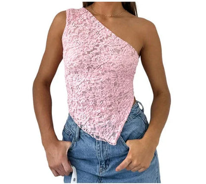 A stylish backless lace top in various colors with an asymmetrical sloped neckline and waistless design, perfect for summer streetwear fashion.
