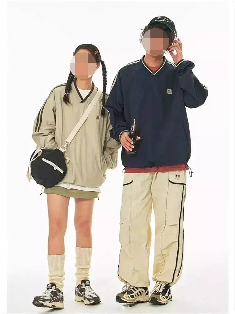 Harajuku Style American Retro Sweater in apricot and navy blue colors