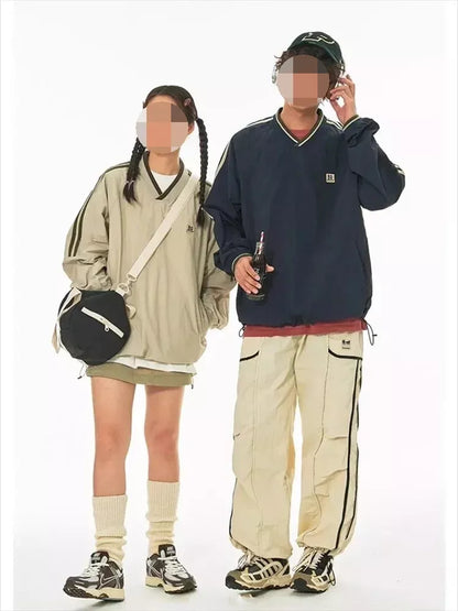 Harajuku Style American Retro Sweater in apricot and navy blue colors