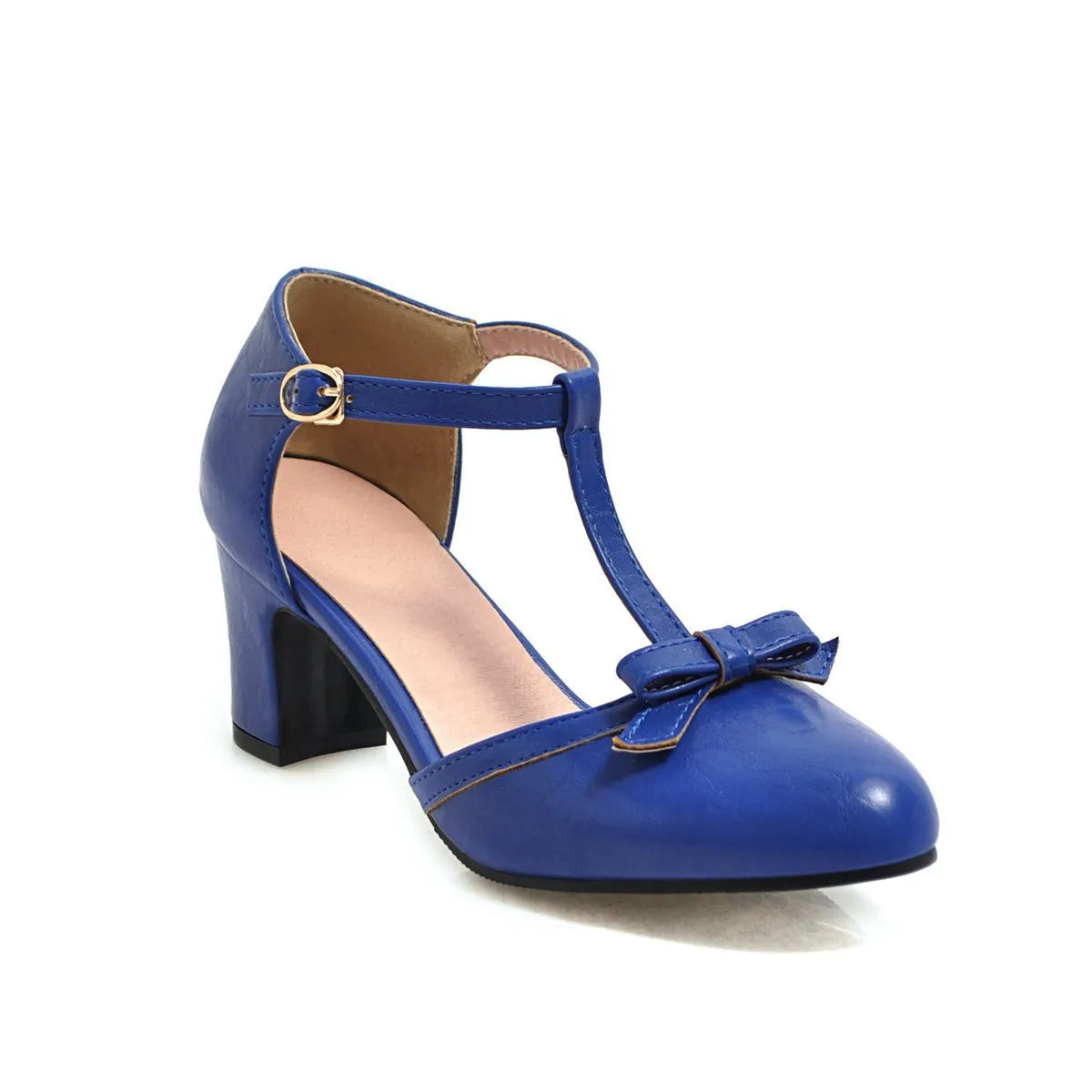 Women's chunky heel sandals with bow detail and adjustable buckle strap in solid colour