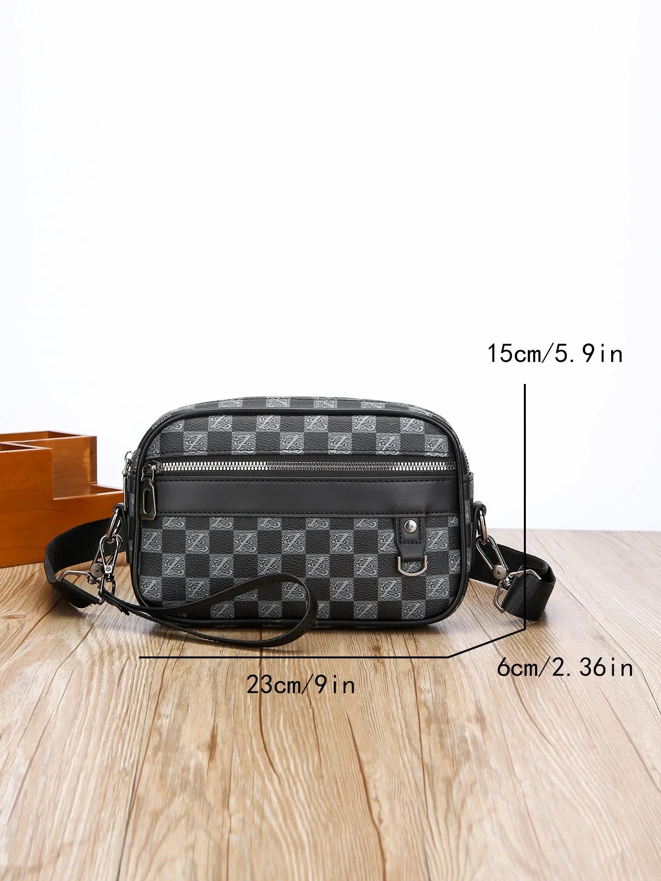 Men's black geometric pattern PU leather messenger bag with handheld horizontal design