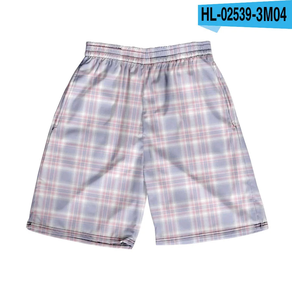 Men's plaid pattern casual shorts with an elastic waistband, shown in a straight leg design.
