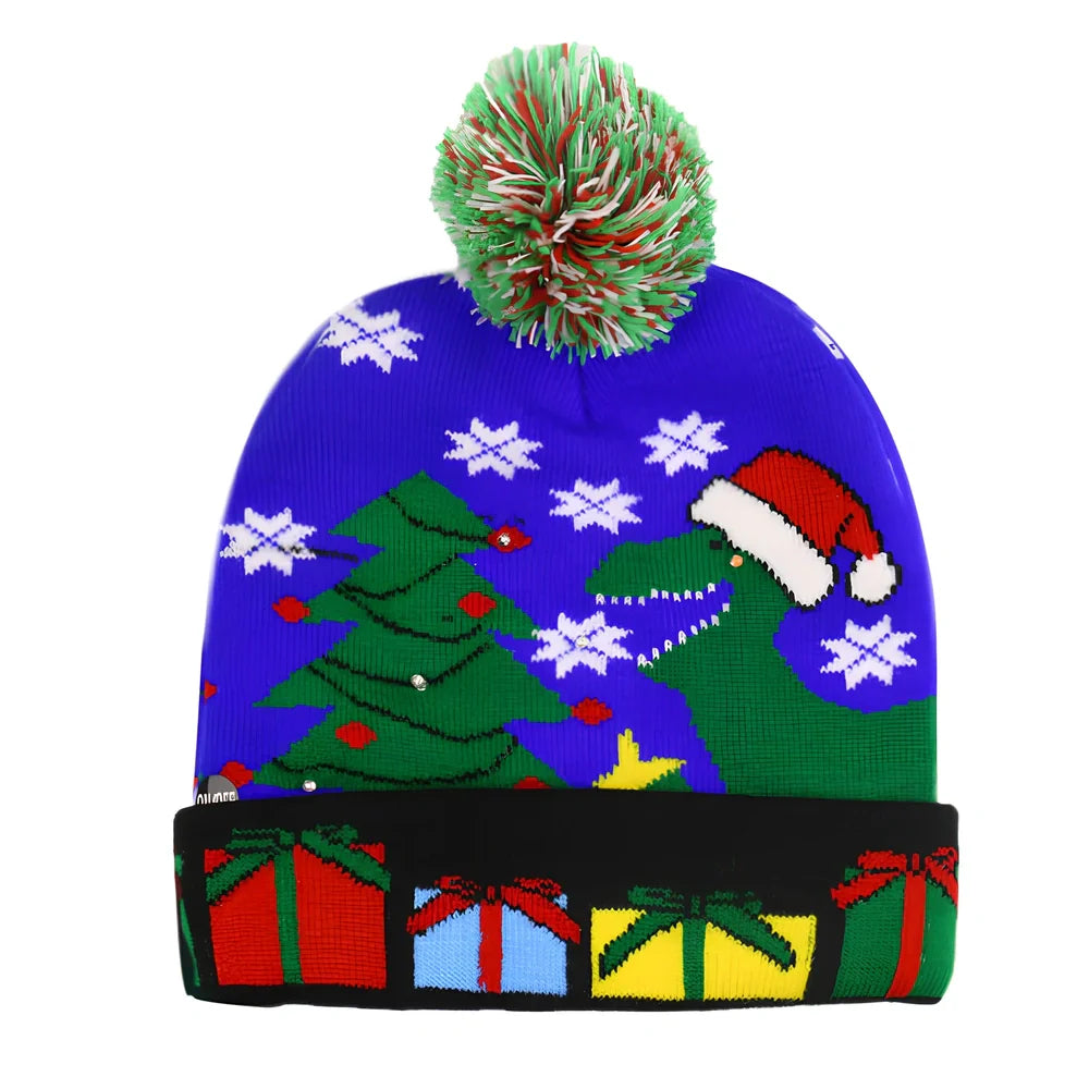 Christmas LED knitted hat with built-in lights showing flexible sizing and integrated illumination system
