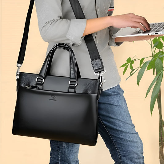 Men's black and brown PU leather shoulder messenger bag with splicing design, shown with crossbody strap.