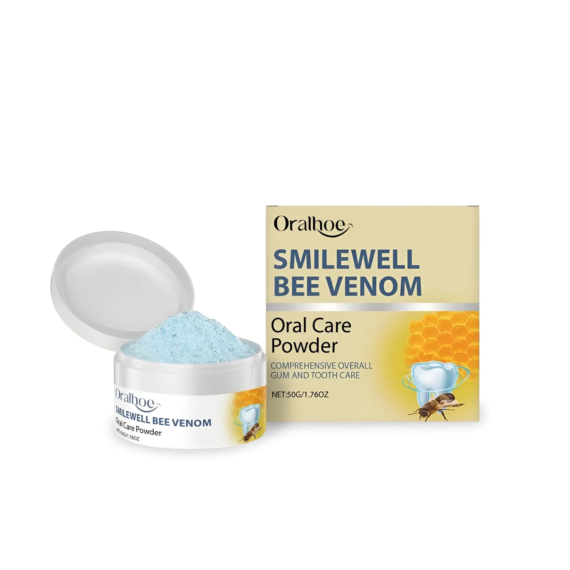 50g container of mint-infused tooth powder with sodium bicarbonate for natural cleaning.