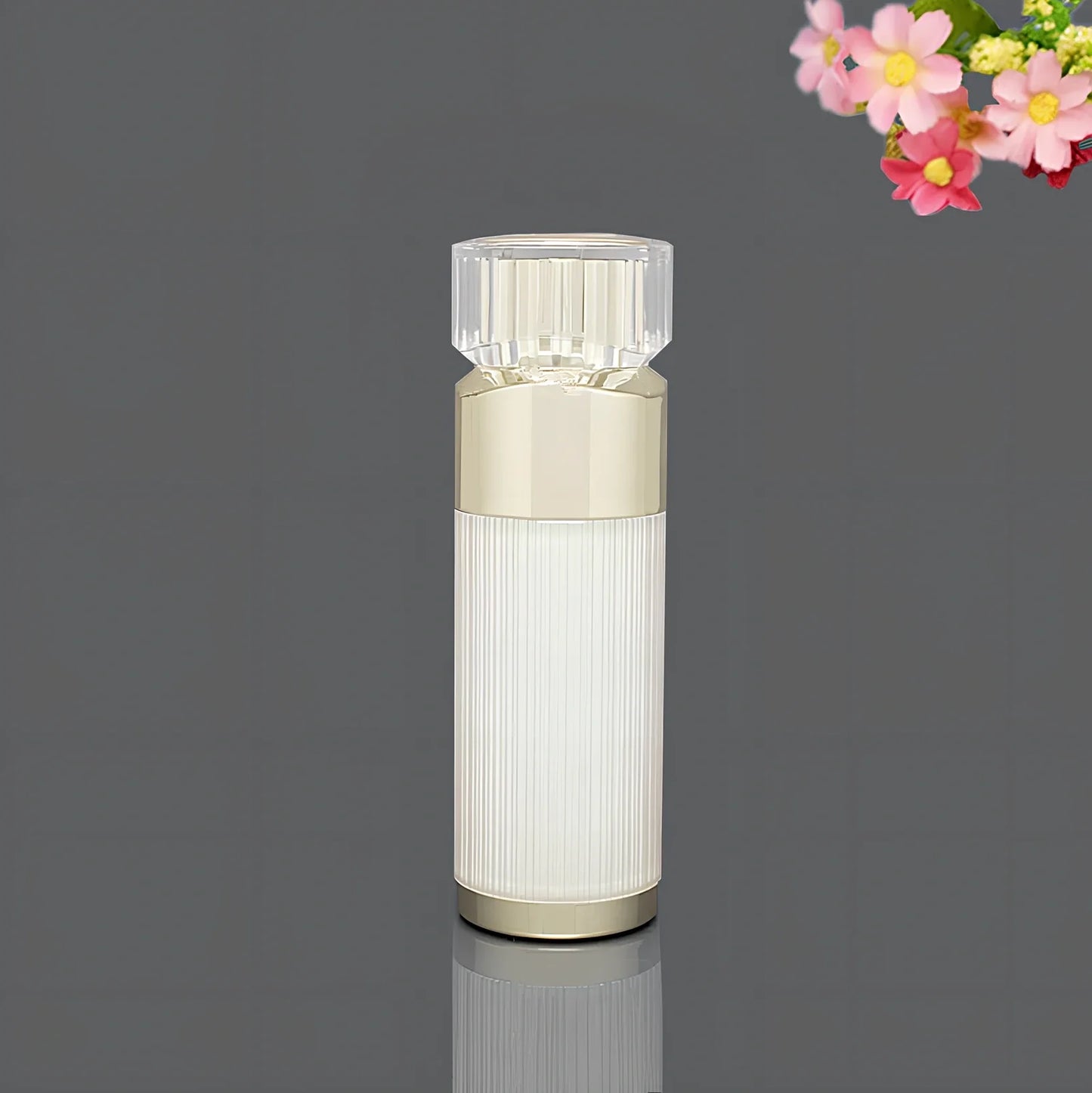 Acrylic cosmetics bottles in champagne gold and brushed white with vacuum sealing, various sizes from 5g to 120ml