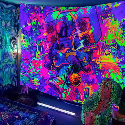 Skull print fluorescent wall tapestry showing detailed pattern on polyester fabric with hanging accessories