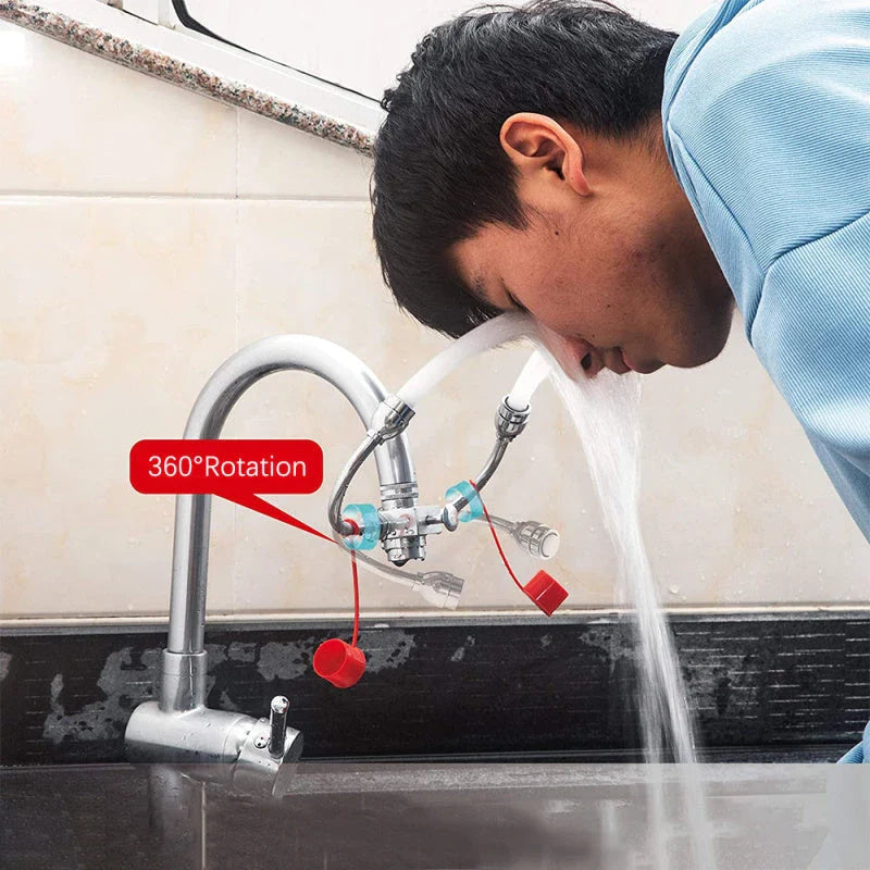 Versatile wall-mounted emergency eyewash station with dual spray heads for comprehensive eye coverage and hands-free 360-degree rotation