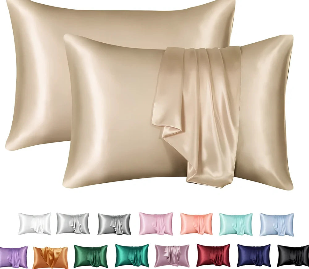 Silk-effect satin envelope pillowcase in navy blue showing envelope closure and smooth fabric texture