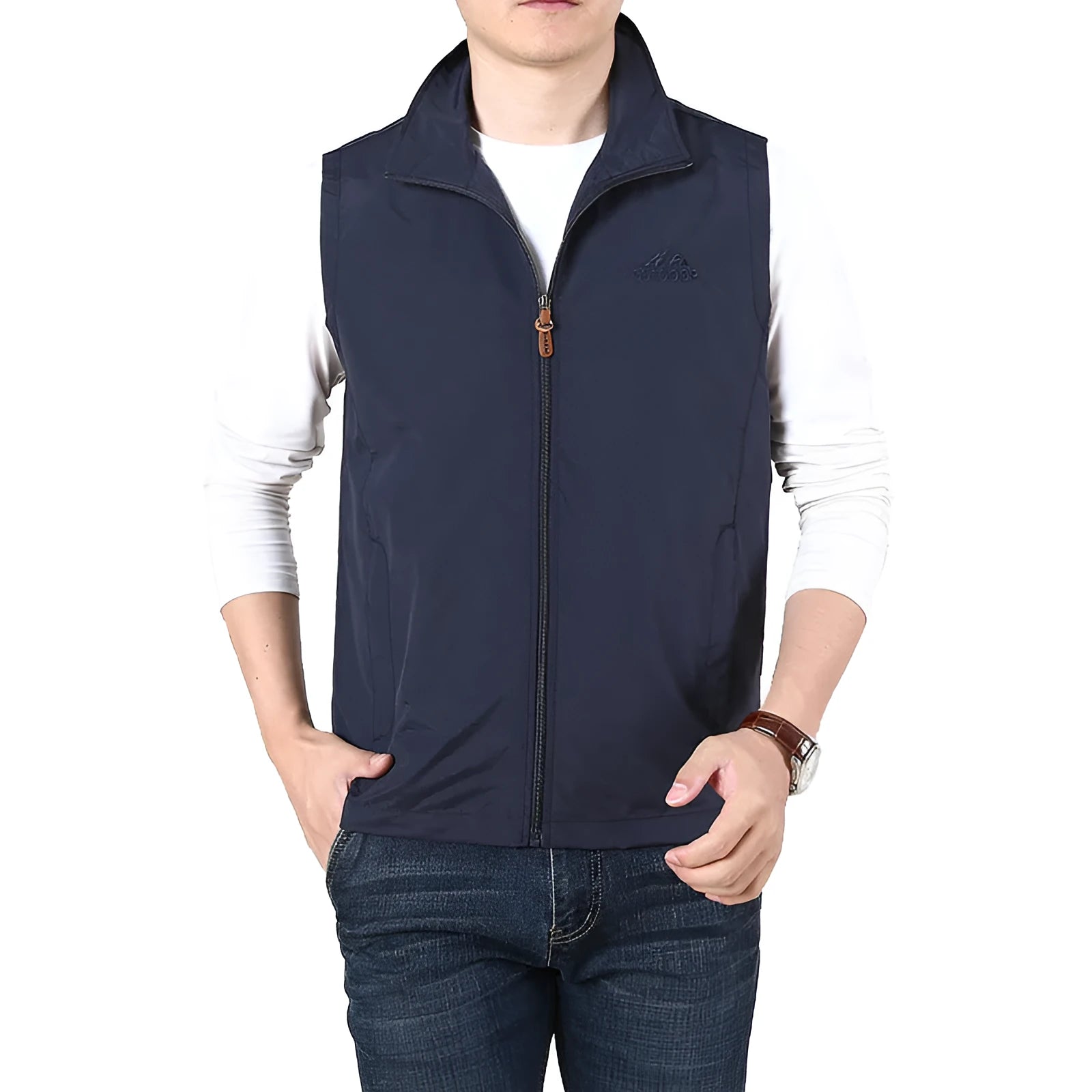 Men's loose fit spring waistcoat vest in chemical fibre blend with side pockets