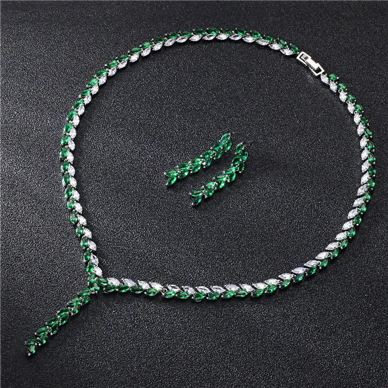 Bridal earrings and necklace set in copper with inlaid zircon, box chain and plant flower pattern, 21-50cm.