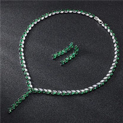 Bridal earrings and necklace set in copper with inlaid zircon, box chain and plant flower pattern, 21-50cm.